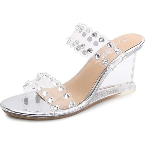Mclubgirl Rhinestone Wedge Sandals Female Summer Sexy Crystal Transparent High Heels Heel Wedge-Heel Slippers LFD