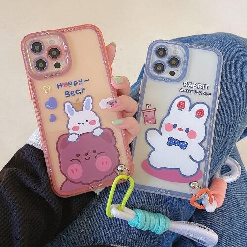 Cute Cartoon Animal Milk Tea Bunny Bracelet Phone Case For iPhone 12 Pro Max 11Pro Max X Xs Max Xr 7 8 Plus Cases Soft TPU Cover