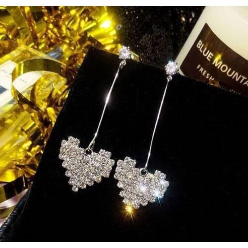 New Fashion Earrings South Korean Style Long Ultra Flash Zircon Ear Studs Rhinestone Heart-Shaped Earrings Pendant For Female