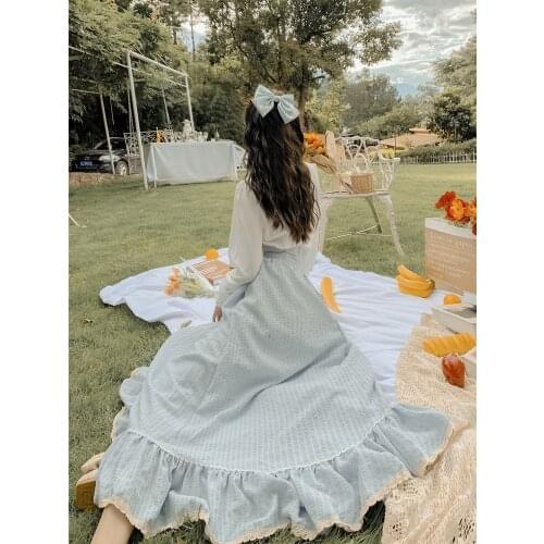 Modern Vintage Style Outfits Sweet Peter Pan Collar Lantern Sleeve White Blouse Lady Shirt & Light Blue Long Skirt Princess Suit