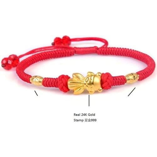 Genuine 24K Yellow Gold Lovely Fish with Oval Beads Red Cord Bracelet Length from 5" to 15"