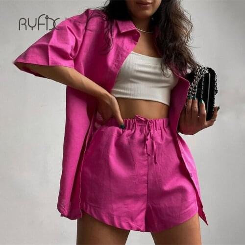 RYFIX New Casual Lounge Wear Summer Green Tracksuit Women Shorts Set Short Sleeve Shirt Tops and Loose Mini Shorts Two Piece Set