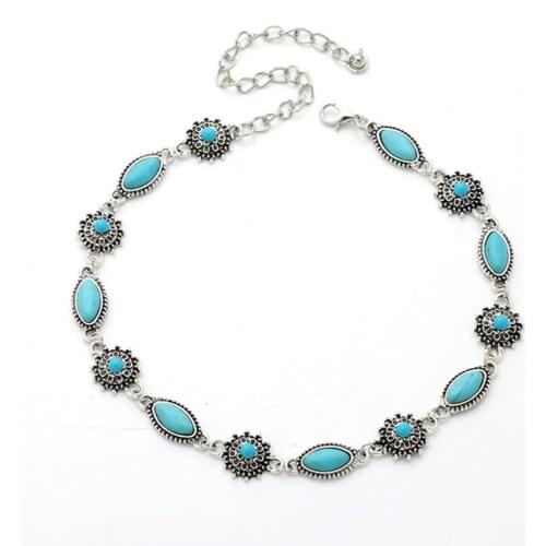 Silver Plated Alloy Marquise Shape Stackable Green Turquoises Stone Pendant Choker Necklace Fashion Jewelry