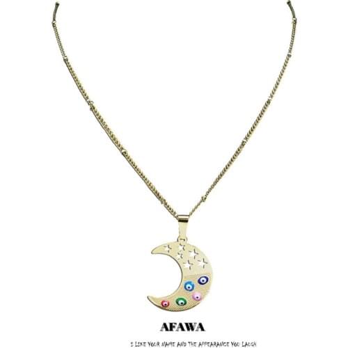 Stainless Steel Colorful Turkey Eyes Moon Star Necklace Chain Women Gold Color Pendants Necklaces Jewelry collar luna N5202S01