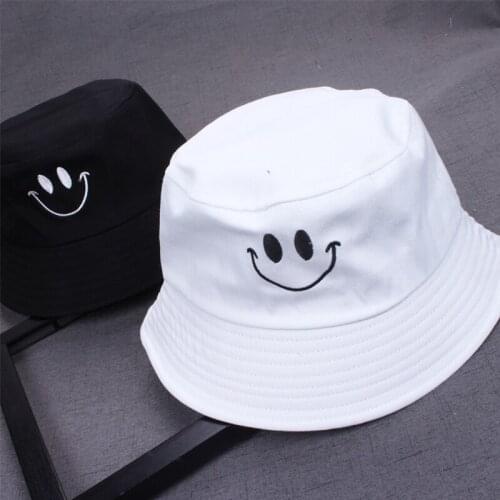 1PC Women Smile Face Embroidery Bucket Hat Outdoor Fishing Sunscreen Bucket Hat