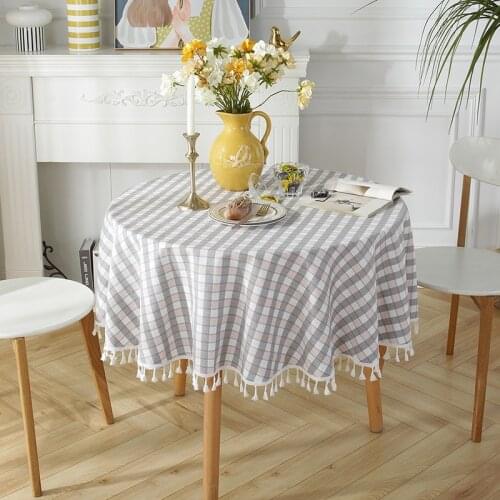 Striped Plaid Tablecloth 150/180/200/220cm Cotton Linen Tassel Lace Round Table Cover Cloth Outdoor Table Cloths Kitchen Decor