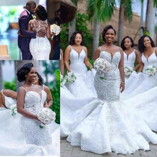 Luxury African Mermaid Wedding Dresses Plus Size 2021 robe de mariee Black Girl Women Lace Wedding Gowns Handmade Bride Dress