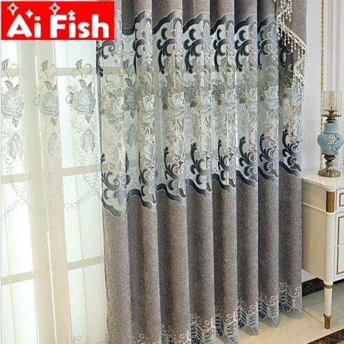High-grade European shading chenille embroidery window treatments curtain cloth living room gray luxury tulle for bedroom M118-5