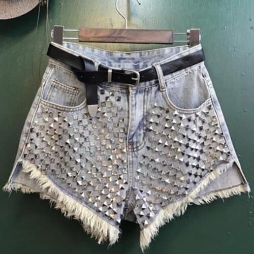 Women Fashion Vintage Tassel Rivet Ripped Loose High Waisted Short Jeans Punk Sexy Hot Women Denim Shorts