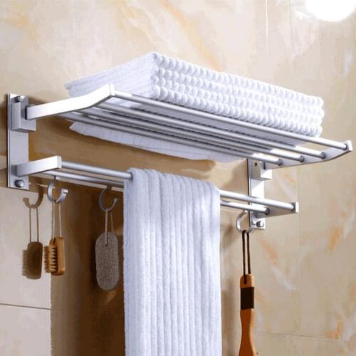 58cm Foldable Wall Mounted Space Aluminum Towel Storage Hanger Shelf Holder Stand Rack with 5pcs Hooks for Home Hotel Bathroom