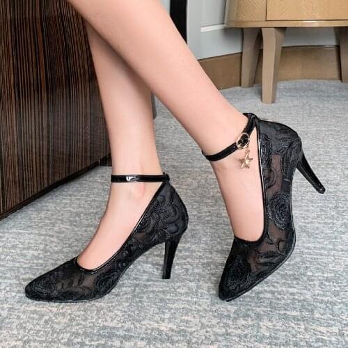 Sexy Lace High Heels Shoes Woman Elegant Straps Black Blue Mesh Pumps Women Shoes 2020 Heels Party Office Shoes Lady Big Size