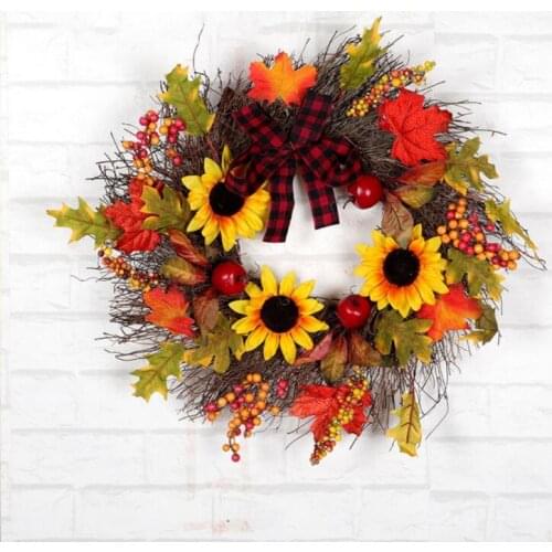 2020 Autumn Artificial Maple Leaf Wreath With Sunflowers Berries And Bowknot Front Door Window Wall Seasonal Home Decorations