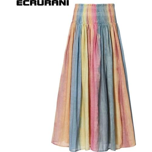 ECRURANI Hit Color Vintage Skirt For Women High Waist Lace Up Patchwork Colorful Loose Midi Skirts Females 2021 Fashion Clothing