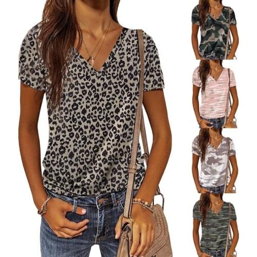 2021 Summer New Style Hot Sale Fashion Personality T-shirt Casual Slim-fitting Leopard Print V-neck Short-sleeved Shirt Women