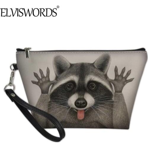 ELVISWORDS 2020 New PU Leather Cosmetic bag Women Cute 3D Raccoon Print Teen Girls Pouch Case Casual Makeup Bag neceser mujer