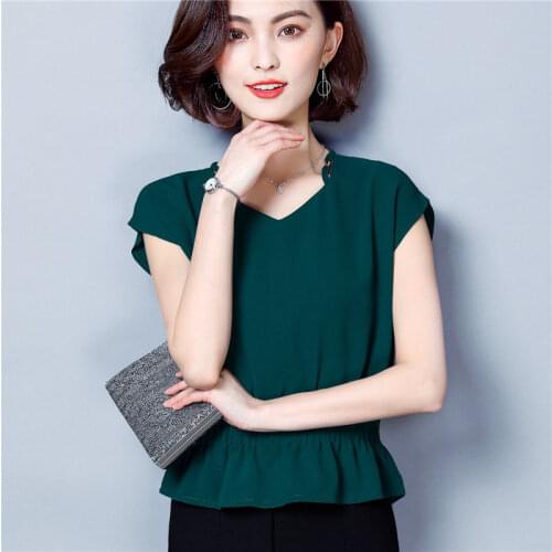 Womens Spring Summer Style Chiffon Blouse Shirt Womens Ruffles V-neck Solid Color Loose Short Sleeve Casual Tops DD8398