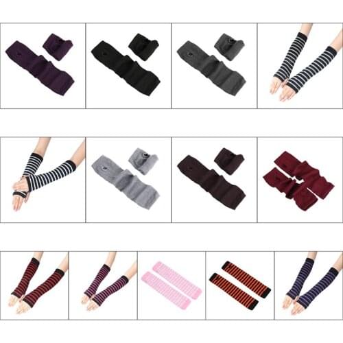 Women Girls Knitted Fingerless Long Gloves Stripes Printed Over Elbow Length Winter Stretchy Arm Warmer Sleeves with Thumb Hole