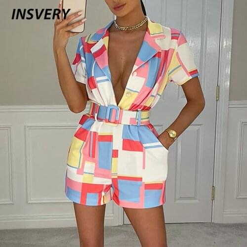 Women Elegant Color Contrast Print Short Jumpsuit Short Sleeve Turn Down Collar Pocket Women Jumpsuit Summer Causal Rompers