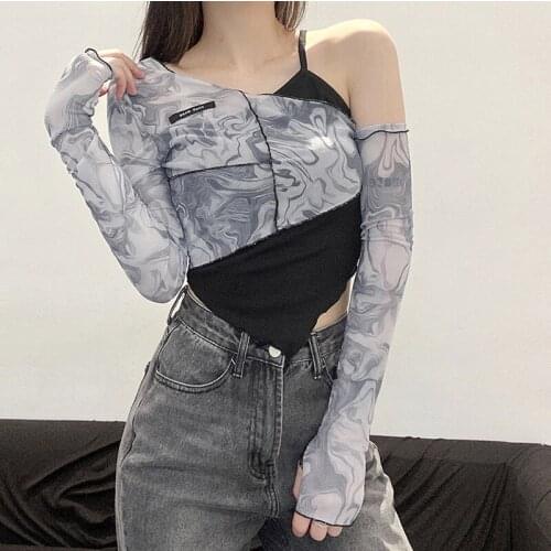 Goth Sexy Mesh Black Cropped Tops Women Harajuku Long Sleeve Tops Autumn Clothing Y2K Irregular Fake Two Piece T Shirt