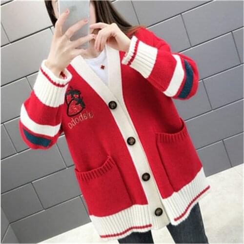 2020 Autumn Winter Korean Version Womens Knitted Sweater V-Neck Long Sleeve Single-breasted Cardigan Fashion Chic Jacket Female