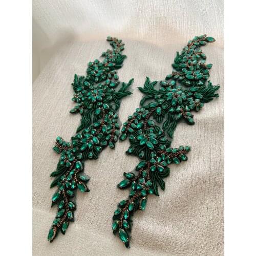 1 Pair Emerald Green Rhinestone Applique, Heavy Bead Crafted Rhinestone Applique For Bridal For Couture