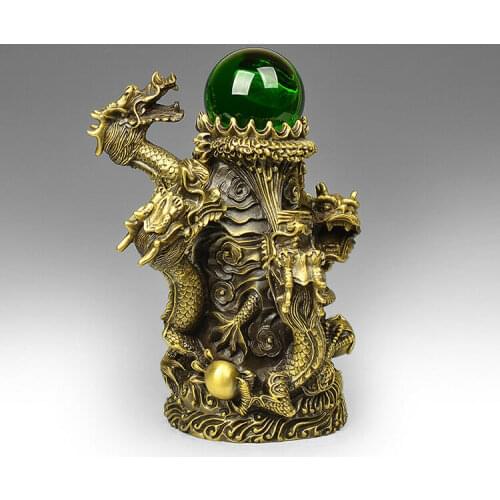 12'' brass copper carved auspicious beast five dragon play jade ball statue