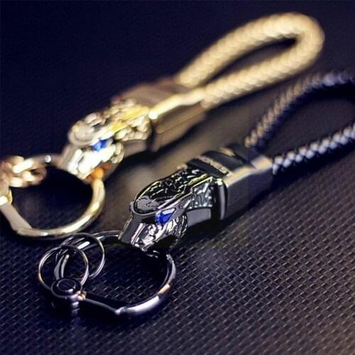 Car Leopard Head Metal Keychain Pendant Woven Leather Pendant B9H7