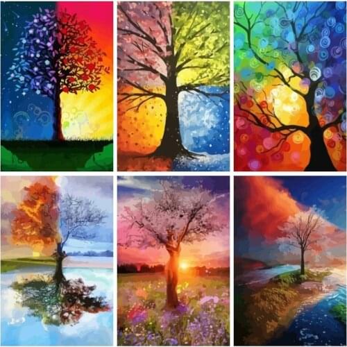AZQSD Unframe Oil Painting By Numbers Set Tree DIY Handicraft Coloring By Numbers Landscape Acrylic Paint Home Unique Gift