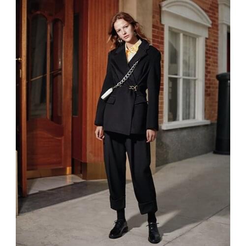 AEL black Woolen Blazer Women Suits Jacket Notched Collar Female Wrap Coat Fashion 2019 Autumn winter new