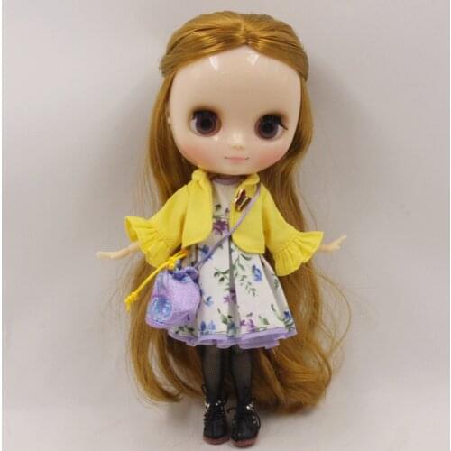 For middie Blyth doll yellow coat with flower dress with purple bag and stocking with hairpin cute dressing