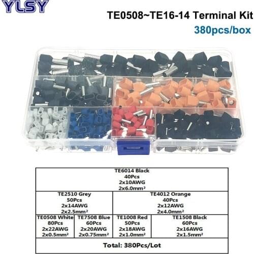Double Line Tube Insulated Crimp Terminal Kit TE0508~TE6014 Dual Wire Terminales Connector Cable Ferrule 0.5~6mm2 380Pcs/Lot