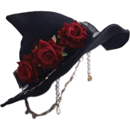 Halloween Headwear with Rose Decoration Hats in Darky Gothic Style Lolita Costumes Rose Decorated Witch Hat