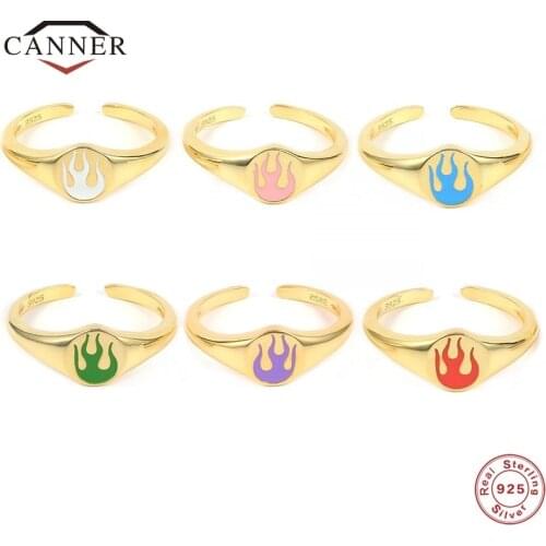 CANNER Colorful S925 Sterling Silver Flame Ring for Women Enamel Open Adjustable Finger Rings Jewelry Wedding Girls Gift Anillos