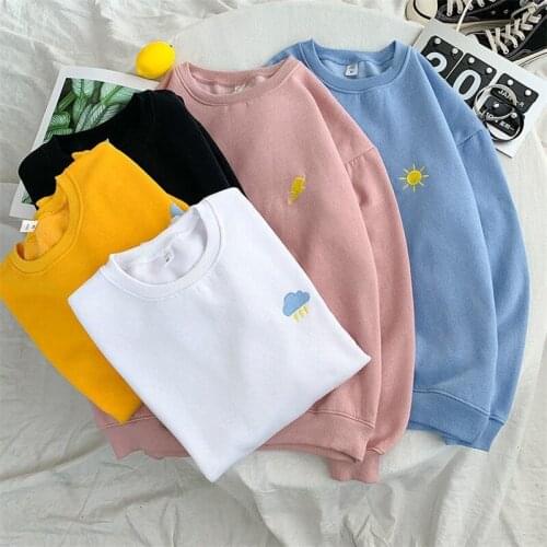 Korean Autumn Simple Fashion Round Neck Sweatshirt Womens Plush Loose And Versatile Couples Long Sleeve Base Coat Pullover