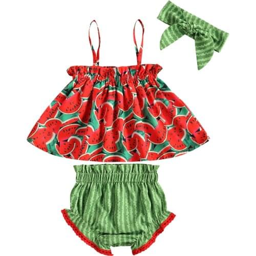 Summer Lovely Baby Girls Clothes Sets 3pcs Watermelon Printed Sleeveless Vest Tops Shorts Headband 0-24M