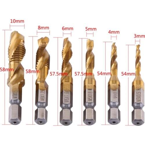 WALFRONT 6pcs/Lot Twist Drill Bit Set 1/4 inch Hex Shank M3-M10 Titanium Coated HSS Drilling Tap Bits Thread Screw Tapping Tools