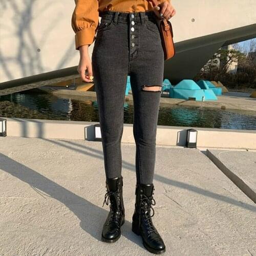 2021 New Autumn High Waist Ripped Holes Tassels Pencil Jeans Female Pants High Street Buttons Women Skinny Denim Jeans