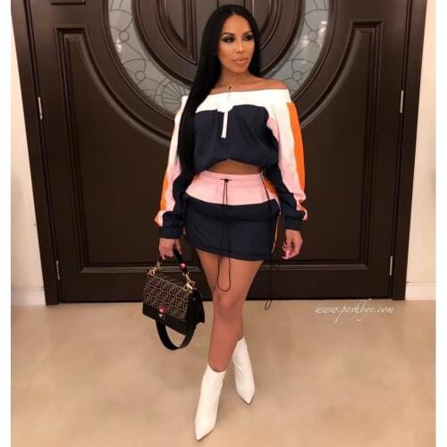 Ueteey New Two-piece Casual Patchwork Slash Neck Zip Design Women Two-piece Outfits Dress Set