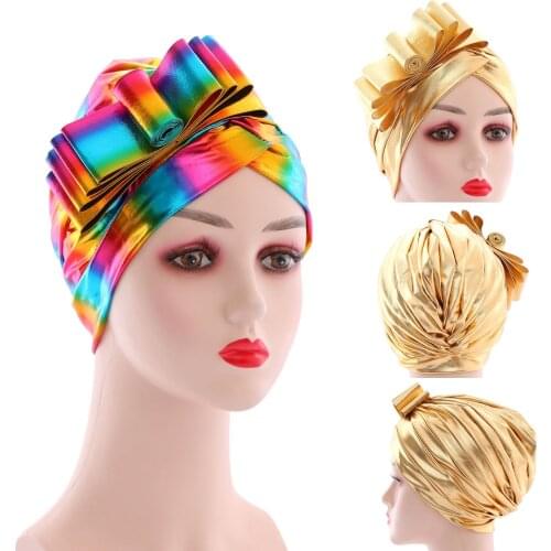 New Shiny Bow Auto Gele Milk Silk Bronzing Ingot Flower Hat Indian Hat Muslim Hat Arab Head Wraps Women Toe Cap African Hijabs