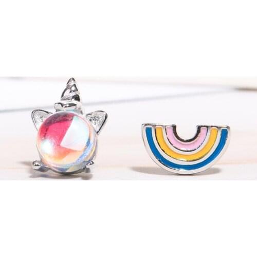 Oly2u Cute Lucky Colorful Enamel Unicorn Tiny Earrings Dainty Asymmetric Rainbow Small Earings for Women Kids Birthday Gift