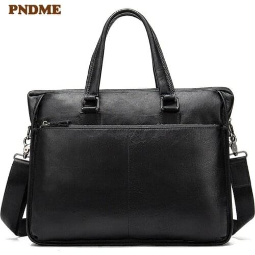 Casual top layer cowhide mens briefcase work laptop shoulder messenger bag simple natural genuine leather black handbag satchel