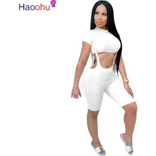 HAOOHU Sexy Rib Knit Two Piece Set Women Summer Outfits Short Sleeve Crop Top Biker Shorts Overalls Lounge Wear Matching Sets