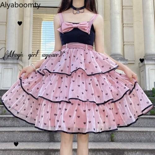 Japanese Summer Women Tiered Lolita Dress Black Purple Blue Pink Yellow Bow JSK Dress Sleeveless Cute Kawaii Ruffles Party Dress