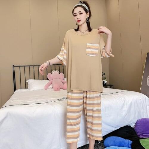 Pijama Mujer 100 Kg Striped Summer Women Wear Home Clothes Soft Casual Sleepwear Set Short Sleeve Two Piece Pajamas Suit 4XL