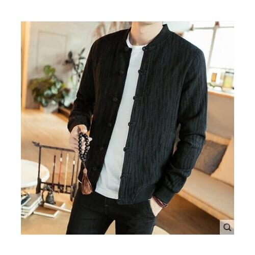 Chinese style cotton and linen jacket linen buckle shirt Korean version of the self-cultivation trend large size spring
