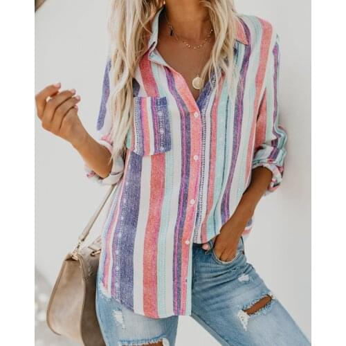 2020 New Ladies Long Sleeve Harajuku Shirt Color Rainbow Striped Top Casual Summer Retro Blouse