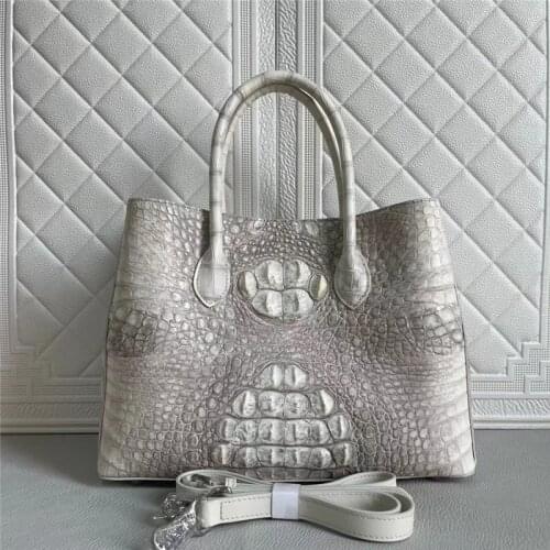 Classical Lady White Purse Authentic True Alligator Skin Women Totes Handbag Genuine Crocodile Leather Female Large Shoulder Bag