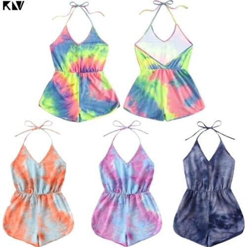 KLV Women Sexy Halter V-Neck Backless Playsuit Rainbow Gradient Tie-Dye Printed Summer Sleeveless One Piece Jumpsuit Beachwear