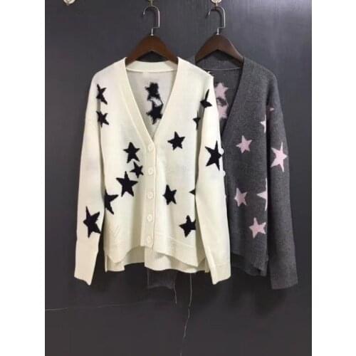 Women Stars Print 100% Cashmere Sweater Ladies Long Sleeve Single Breasted Loose Ladies Casual Knit Cardigans Outwear Tops