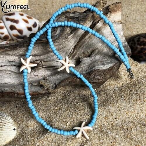 Yumfeel Brand New Blue Starfish Necklace Handmade Small Glass Beads Stone Starfish Women Jewelry Necklaces